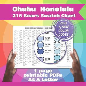 Może przedstawiać: Tabela próbek kolorów zatytułowana "Ohuhu Honolulu 216 Bears Swatch Chart" z kodami kolorów i ilustracjami niedźwiedzi. Tabela zawiera "Stare i nowe kody kolorów" i jest dostępna w drukowanych plikach PDF A4 i Letter.