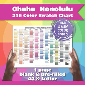 Könnte beinhalten: Eine Farbmusterkarte mit der Aufschrift "Ohuhu Honolulu 216 Color Swatch Chart" mit einer Vielzahl von Farbmustern. Die Karte enthält den Text "Old & New Color Codes" und "1 Seite leer & vorgefüllt A4 & Letter".