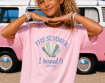 9th Birthday Shirt for Girls, The Summer I turned  Nine, Birthday Gift for Girls, Summer Coastal Birthday TShirt, 10th, 11th, 12th, 7th, 8th