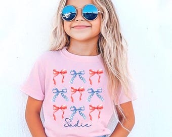 Personalized Girls 4th July Shirt, Fourth of July Girls Coquette Bow Shirt, Patriotic Coquette Name Shirt,  Toddler 4th of July Flag Tee