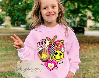 Girls Softball Sweatshirt, Neon Smiley TShirt, Team Sweater, Game Day T-shirt, Girls Sport gift, Retro Softball Mom Sweatshirt, Softball Era
