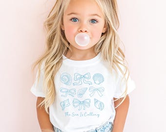 Coquette Bow Seashell Kids Shirt, Beach T-Shirt, Girls Toddler Coastal Seaside Shirt, Vacation Shirt For Girls, Little Kids Summer Shirt