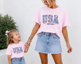 USA 1776 Shirt, Toddler Kid 4th of July TShirt, Floral Patriotic T-Shirt, Independence Day, Flower USA Graphic Tee for Women, Mommy Me Outfi