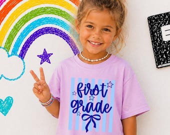 Custom 1st Grade Back To School Shirt for Girls, Custom First Day of School Tee, Preppy Stripe Shirt, Kindergarten, 4th, 2nd, 3rd Preschool