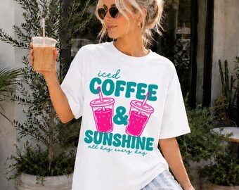 Iced Coffee and Sunshine Shirt, Comfort Colors® T-shirt, Summer Graphic Tee, Coffee Lover Gift, Girls Beach Shirt, Trendy Teen Shirt