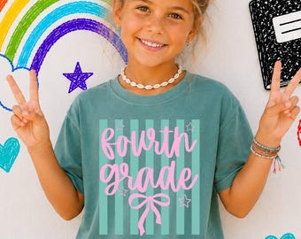 Custom 4th Grade Back To School Shirt for Girls, Custom First Day of School Tee, Preppy Stripe Shirt, Kindergarten, 1st, 2nd, 3rd Preschool