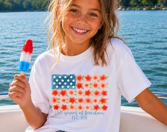 Flag Shirt,Patriotic USA Toddler Tee, 4th of July Shirt, 250th Anniversary Flag T-Shirt, Independence Day, Preppy Floral American Flag Shirt