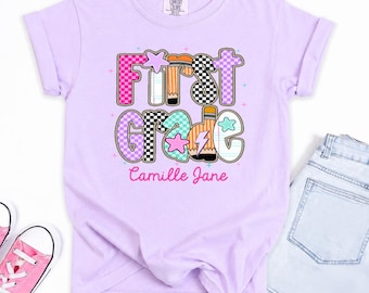 Personalized 1st Grade Back To School Shirt for Girls, Custom First Day of School Tee,Teacher Shirt  Kindergarten, 1st, 2nd, 3rd, Pre-K