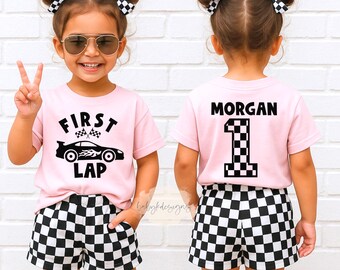 1st Birthday Girls T-Shirt,Personalized First Lap Birthday Race Car Shirt for Girls,Birthday Party Shirts, Race Car T-shirt,Toddler Birthday