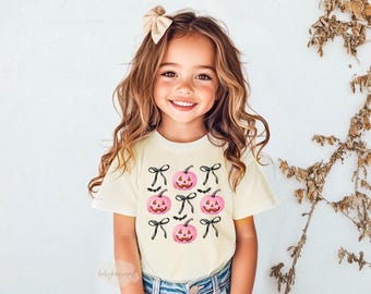 Halloween Girls Pumpkin Shirt,Coquette Bow Shirt, Cute Toddler Preppy Halloween Shirt, Pink Halloween Shirt,Little Girl Halloween Shirts
