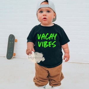 Vacay Vibes Retro Neon Kids T-Shirt, 90s Shirt, Womens Summer Vacation shirt, Comfort Colors®, Girls Beach Shirt, Matching Mommy Shirt Black