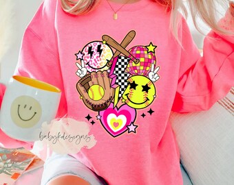 Girls Softball Sweatshirt, Neon Smiley TShirt, Team Sweater, Game Day T-shirt, Girls Sport gift, Retro Softball Mom Sweatshirt, Softball Era