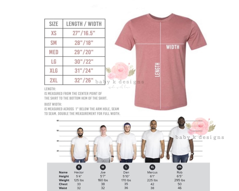 Op de afbeelding: Een maattabel voor T-shirts met metingen in inches. De tabel toont de lengte en breedte van de shirts in verschillende maten, van XS tot 2XL. De tabel bevat ook informatie over hoe de metingen worden genomen.