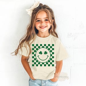 Kids St Patrick&#39;s Shirt, Girls Checkered Happy Face Shamrock Shirt, Toddler Boys Lucky Shirt, Youth St Paddys Shirt, Retro Smile Shirt,
