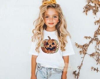 Patchwork Pumpkin Halloween Shirt, Toddler Halloween Crewneck, Preppy Pumpkin T Shirt, Girls Autumn Shirt, Fall Shirt for Kids, Fall Vibes