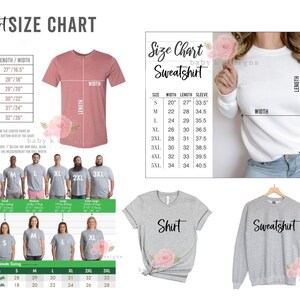 Op de afbeelding: Een maattabel voor shirts en sweatshirts, met afmetingen in inches. De tabel bevat maten XS tot 2XL voor shirts en S tot 5XL voor sweatshirts. De afbeelding toont ook voorbeelden van de shirts en sweatshirts.