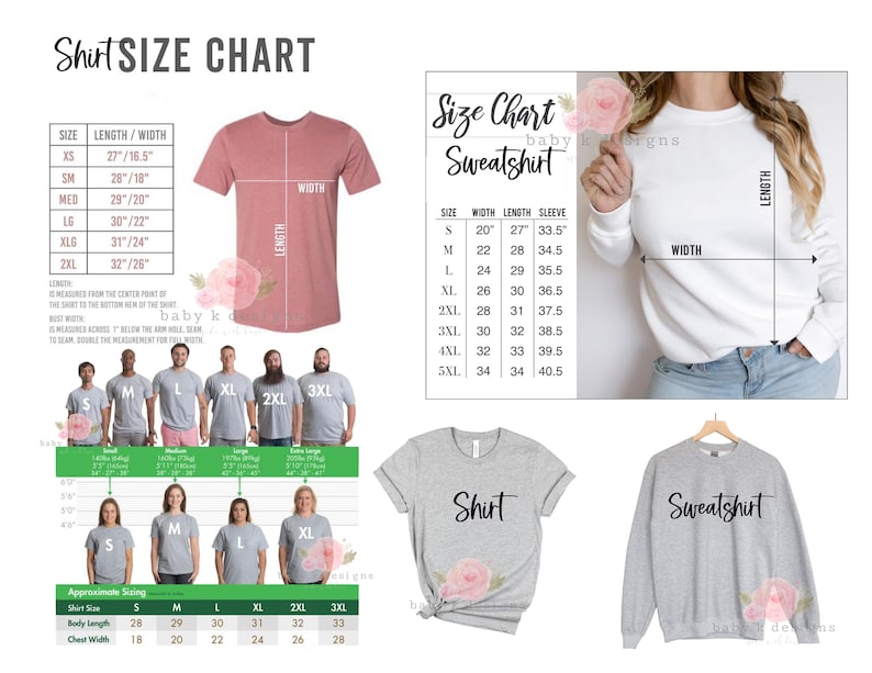 Op de afbeelding: Een maattabel voor shirts en sweatshirts, met afmetingen in inches. De tabel bevat maten XS tot 2XL voor shirts en S tot 5XL voor sweatshirts. De afbeelding toont ook voorbeelden van de shirts en sweatshirts.