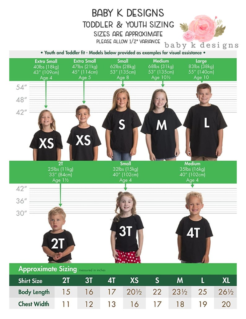 May include: A size chart for toddler and youth t-shirts, with measurements in inches and pounds. The chart includes sizes from 2T to XL, with corresponding body length and chest width measurements. The chart also shows example ages and heights.