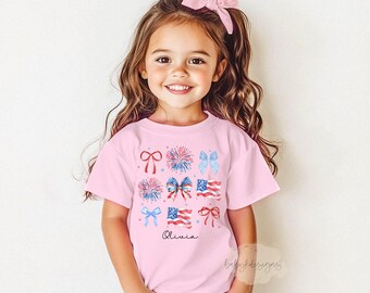 Girls 4th July Shirt Personalized Shirt, Fourth of July Girls Coquette Bow Shirt, Patriotic Coquette Flag Shirt, Toddler 4th of July Tee