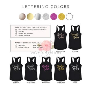 May include: A set of black tank tops with the text "Bride's Babes" in various foil and glitter colors, including silver, gold, rose gold, and pink. The tank tops are available in sizes S-2XL and XS-3XL.