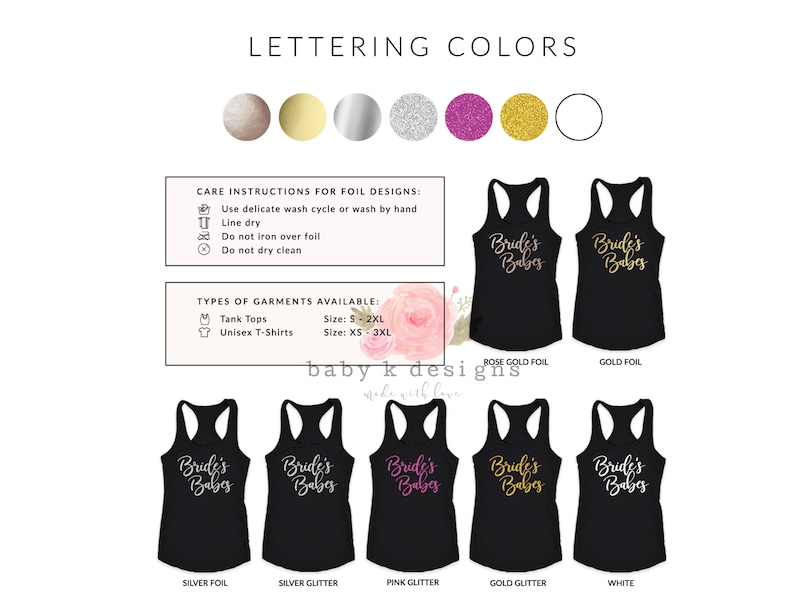 May include: A set of black tank tops with the text "Bride's Babes" in various foil and glitter colors, including silver, gold, rose gold, and pink. The tank tops are available in sizes S-2XL and XS-3XL.