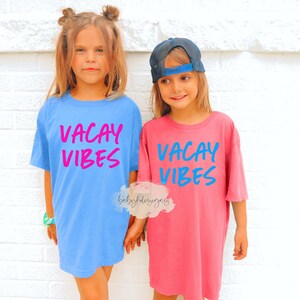 Vacay Vibes Retro Neon Kids T-Shirt, 90s Shirt, Womens Summer Vacation shirt, Comfort Colors®, Girls Beach Shirt, Matching Mommy Shirt image 5