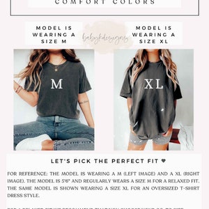 May include: Size guide for a t-shirt dress. The model is wearing a size M and a size XL. The model is 5'6" and regularly wears a size M for a relaxed fit. The model is wearing a size XL for an oversized t-shirt dress style. For a relaxed fit, choose your go-to size. To achieve an oversized t-shirt dress, go up two sizes.