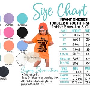 May include: Size chart for infant onesies, toddler and youth t-shirts. The chart lists sizes, heights, and weights for infant onesies and toddler and youth t-shirts. The chart also includes sizing information for newborns, 6 months, 12 months, and 18 months. The text "She normally wears a small and is wearing a large" is printed on a bright orange t-shirt.