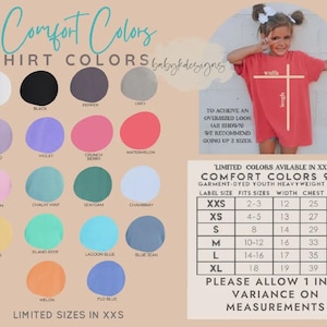 May include: A Comfort Colors youth heavyweight t-shirt in watermelon, with a size chart and color options. The chart lists sizes from XXS to XL, with measurements in inches for width and length. The color options include white, black, and various other colors.