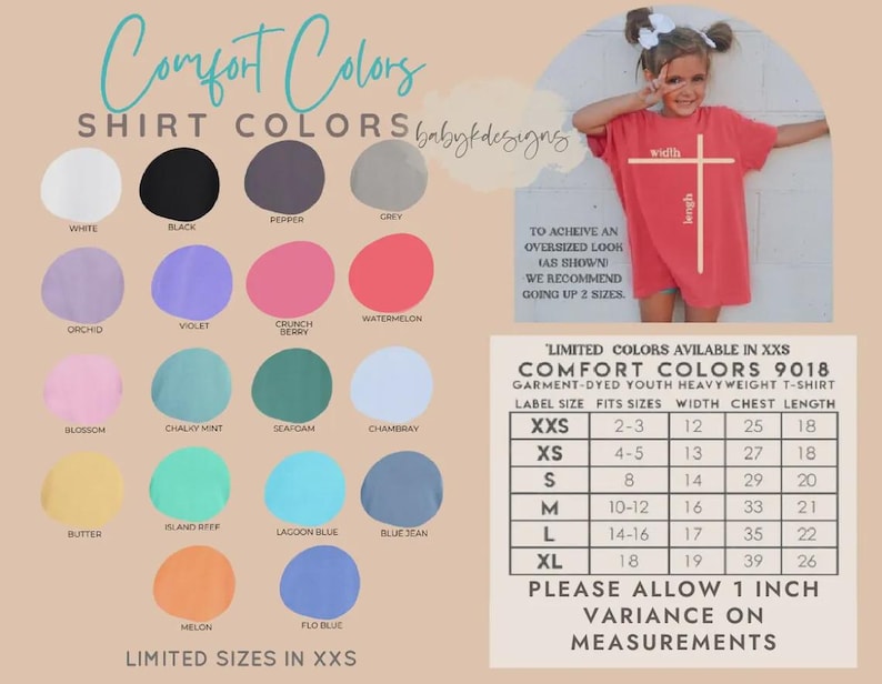 May include: A Comfort Colors youth heavyweight t-shirt in watermelon, with a size chart and color options. The chart lists sizes from XXS to XL, with measurements in inches for width and length. The color options include white, black, and various other colors.