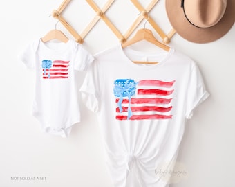 American Flag Coquette Shirt, Bow 4th of July Shirt, Toddler Girls Patriotic Shirt, Watercolor Flag TShirt, Mommy Me Family 4th Tshirts