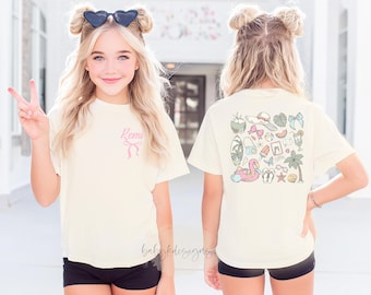 Coquette Bow Summer Kids Shirt, Custom Toddler Beach T-Shirt, Girls Summer Shirt, Vacation Shirt,  Coastal Seashells Little Girl Shirt