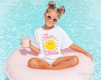 Summer Sunshine Kids Shirt, Toddler Beach T-Shirt, Girls Summer Shirt, Vacation Shirt For Girls, Sunny Smile Face Little Kids Lounge Shirt
