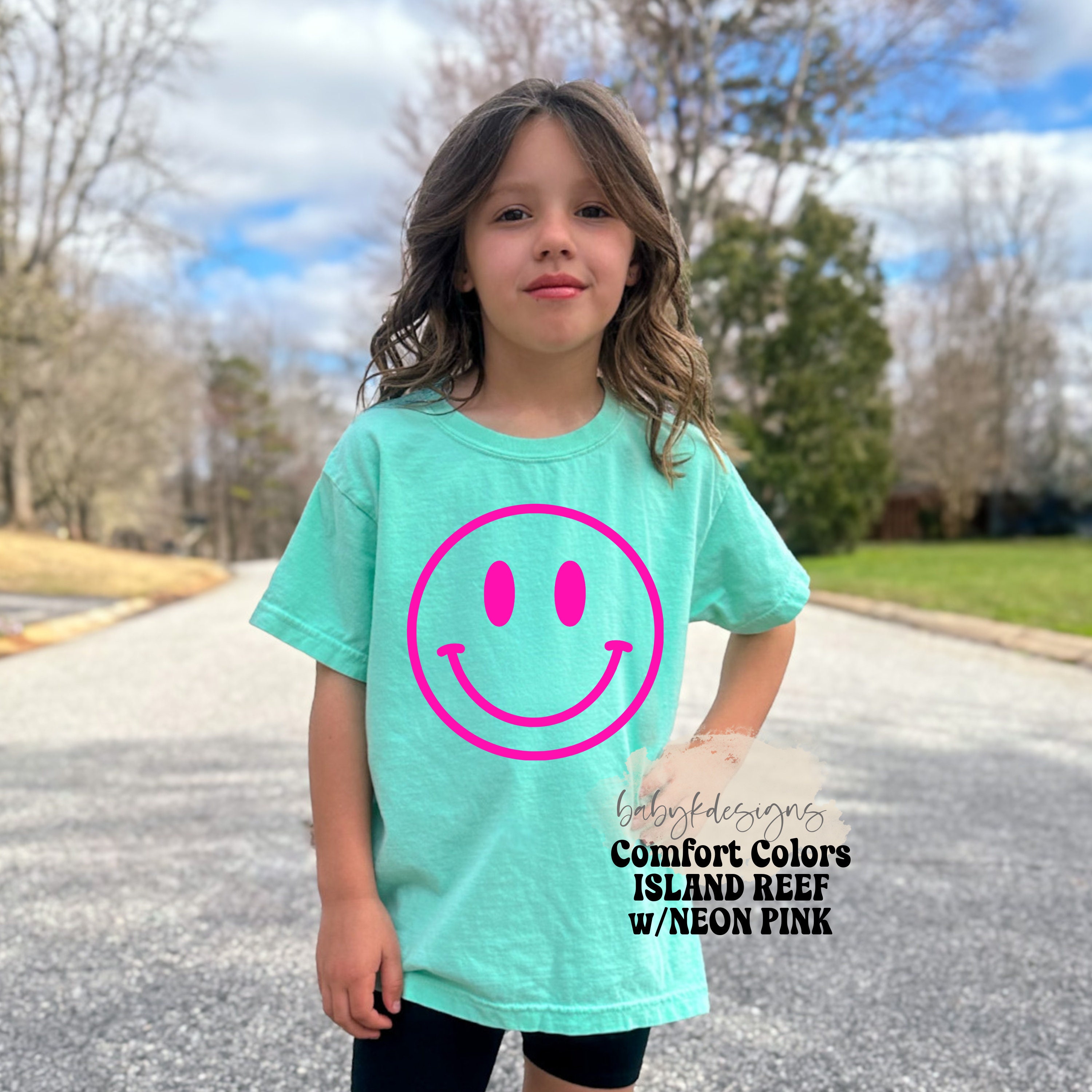 Girls Neon Happy Face Shirt, Comfort Colors® Aesthetic Oversized