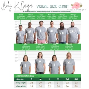 Op de afbeelding: Een maattabel voor unisex T-shirts met modellen die verschillende maten dragen. De tabel toont de geschatte maat voor elke maat, inclusief de shirtlengte, de lichaamslengte en de borstbreedte. De tabel toont ook het gewicht en de lengte van de modellen die elke maat dragen.