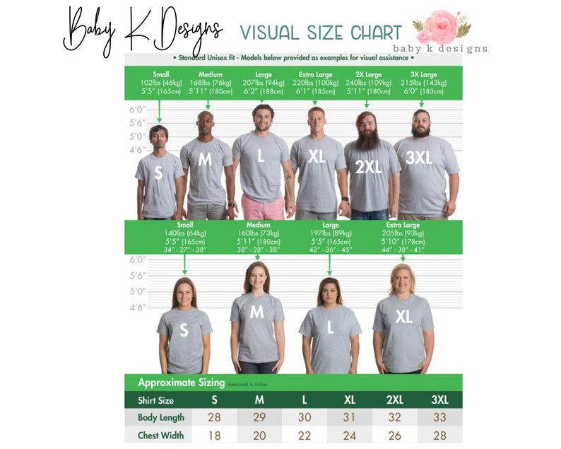 Op de afbeelding: Een maattabel voor unisex T-shirts met modellen die verschillende maten dragen. De tabel toont de geschatte maat voor elke maat, inclusief de shirtlengte, de lichaamslengte en de borstbreedte. De tabel toont ook het gewicht en de lengte van de modellen die elke maat dragen.