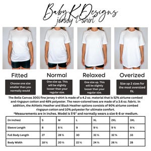 May include: White jersey t-shirts in fitted, normal, relaxed, and oversized styles are displayed. The image includes a size chart with measurements in inches for sleeve length, full body length, and body width, ranging from S to 3XL.