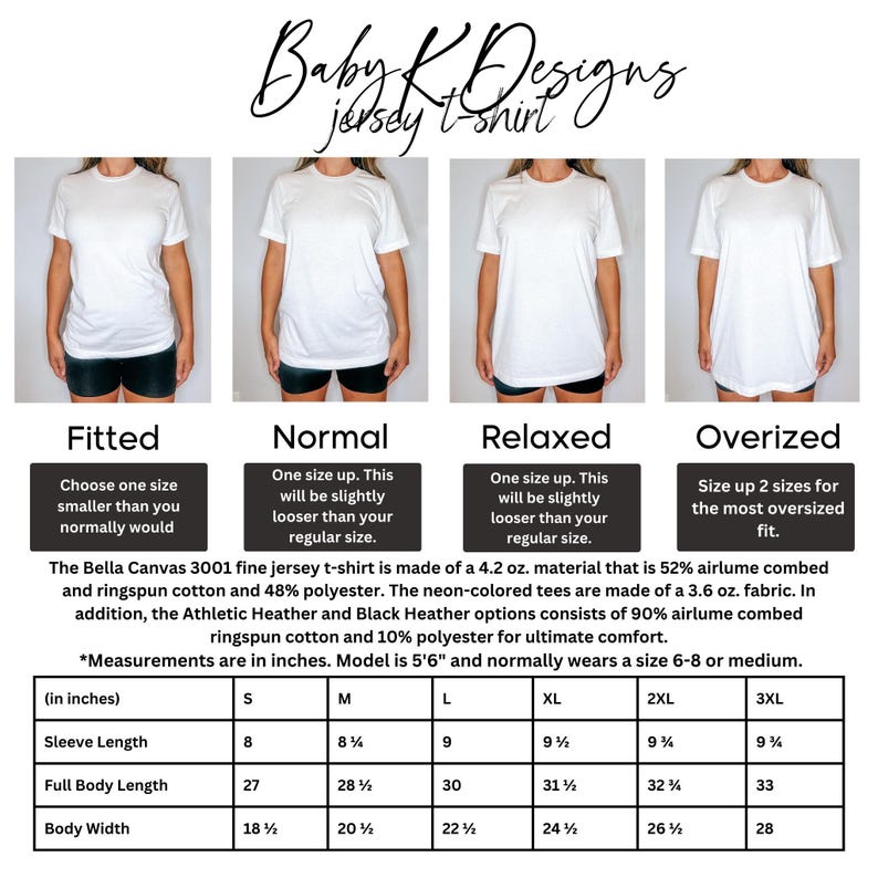 May include: White jersey t-shirts in fitted, normal, relaxed, and oversized styles are displayed. The image includes a size chart with measurements in inches for sleeve length, full body length, and body width, ranging from S to 3XL.