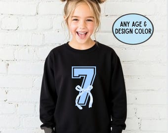 Girls 7th Birthday, Coquette Birthday Sweatshirt Kids,Pink Bow Sweatshirt, Preppy Sweatshirt, Girls Birthday TShirt, Girls Custom birthday