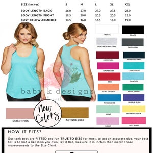 May include: Racerback tank top size chart with measurements in inches. The chart shows body length back, body length front, and bust below armhole measurements for sizes S, M, L, XL, and XXL. The chart also includes a color chart with 16 different colors.