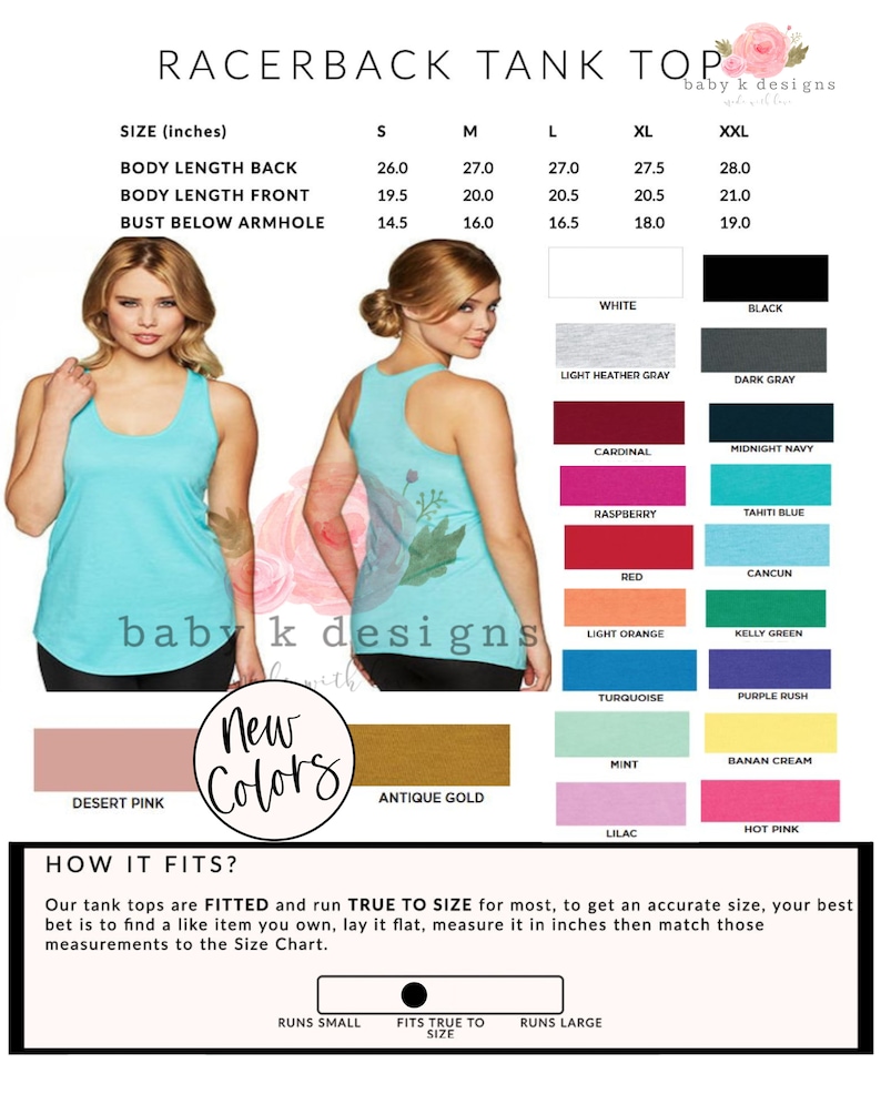 May include: Racerback tank top size chart with measurements in inches. The chart shows body length back, body length front, and bust below armhole measurements for sizes S, M, L, XL, and XXL. The chart also includes a color chart with 16 different colors.