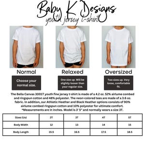 May include: White youth jersey t-shirts displayed in three different fits: normal, relaxed, and oversized. The image includes a size chart with body width and length measurements in inches for sizes 2T to 5T. The shirts are made of cotton and polyester.