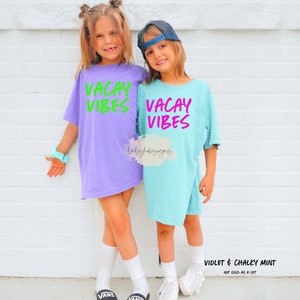Vacay Vibes Retro Neon Kids T-Shirt, 90s Shirt, Womens Summer Vacation shirt, Comfort Colors®, Girls Beach Shirt, Matching Mommy Shirt image 2