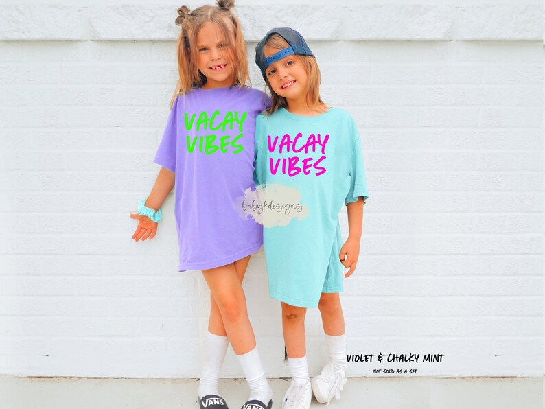 Vacay Vibes Retro Neon Kids T-Shirt, 90s Shirt, Womens Summer Vacation shirt, Comfort Colors®, Girls Beach Shirt, Matching Mommy Shirt image 2