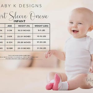 May include: A smiling baby wearing a white onesie, with pink socks, sits next to a size chart for short sleeve onesies. The chart includes sizes for newborns to 18 months, with height in inches and weight in pounds.