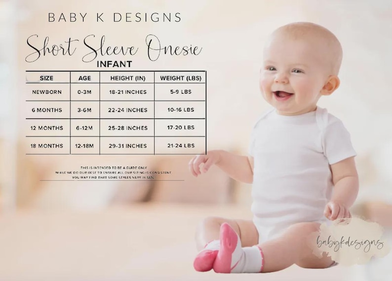 May include: A smiling baby wearing a white onesie, with pink socks, sits next to a size chart for short sleeve onesies. The chart includes sizes for newborns to 18 months, with height in inches and weight in pounds.