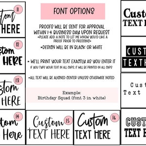 May include: A graphic showing 10 different options for customizing text on a product. The text is in black and white and can be customized with different fonts and sizes. The text reads "Custom Text Here" in various styles.