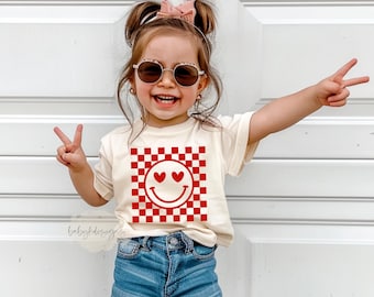 Kids Valentine's Day Shirt, Heart Shirt, Girls Valentine Shirt, Checkered Happy Face Toddler Boy, Retro Smile Shirt, Youth Valentine Gift