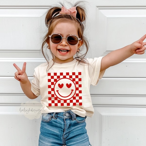 Kids Valentine's Day Shirt, Heart Shirt, Girls Valentine Shirt, Checkered Happy Face Toddler Boy, Retro Smile Shirt, Youth Valentine Gift