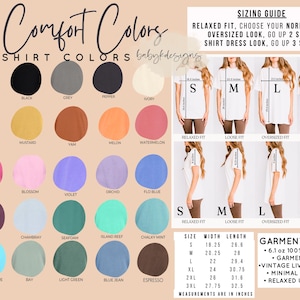 May include: A color chart for Comfort Colors t-shirts displaying 30 circular color swatches with names, a sizing guide with fit recommendations, and a table of garment specifications in inches for sizes S through 3XL, including width and length measurements.